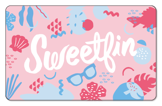 sweet fin white text logo on a pink background with various sea items